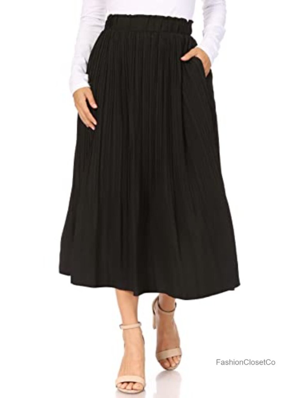 High Waisted Pleated Midi Skirt with Pockets Elastic A-Line
